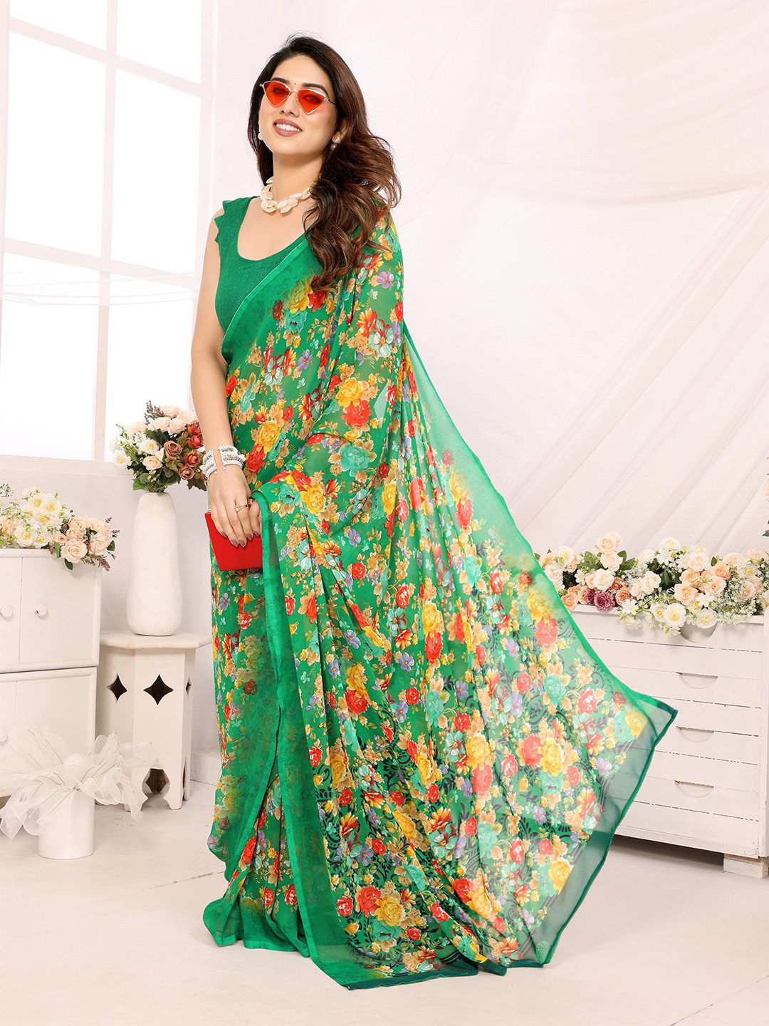 

The Textile Hub Floral Printed Pure Georgette Saree, Green