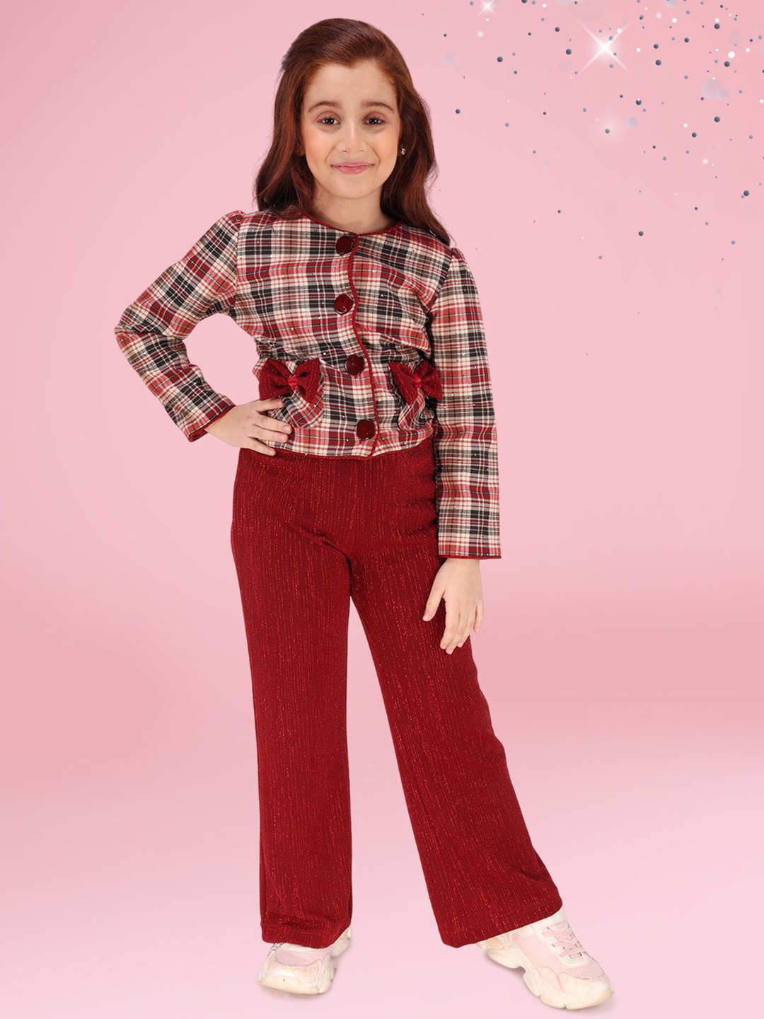 

CUTECUMBER Girls Checked Long Sleeves Woolen Coat With Trousers, Maroon