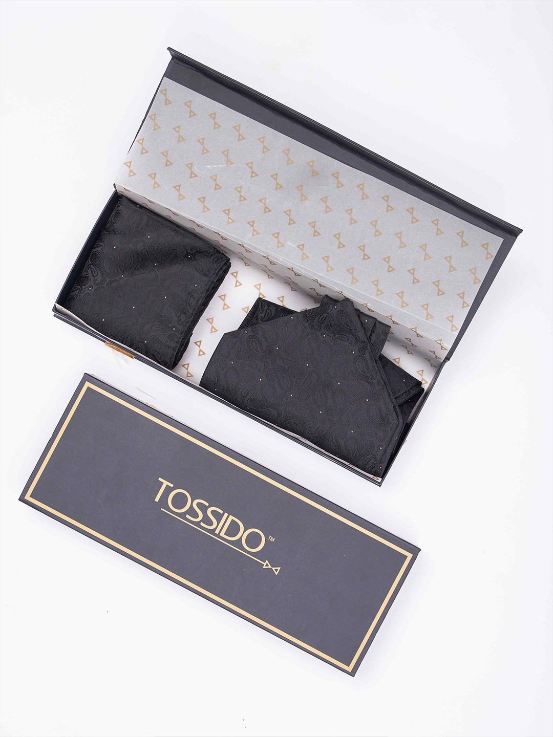 

Tossido Men Woven Design Ascot & Pocket Square Accessory Gift, Black