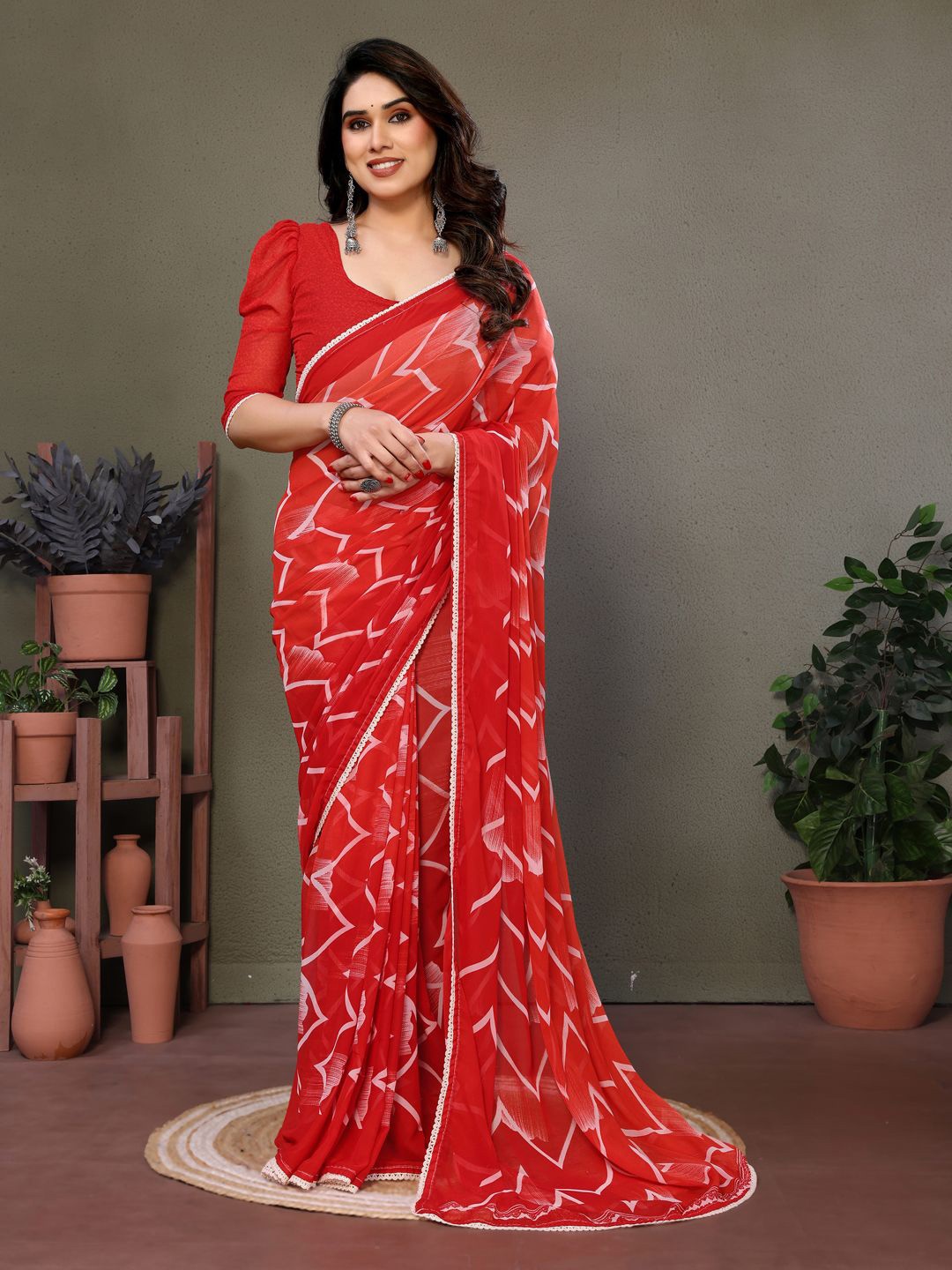 

VILLAGIUS Embroidered Pure Georgette Block Print Saree, Red