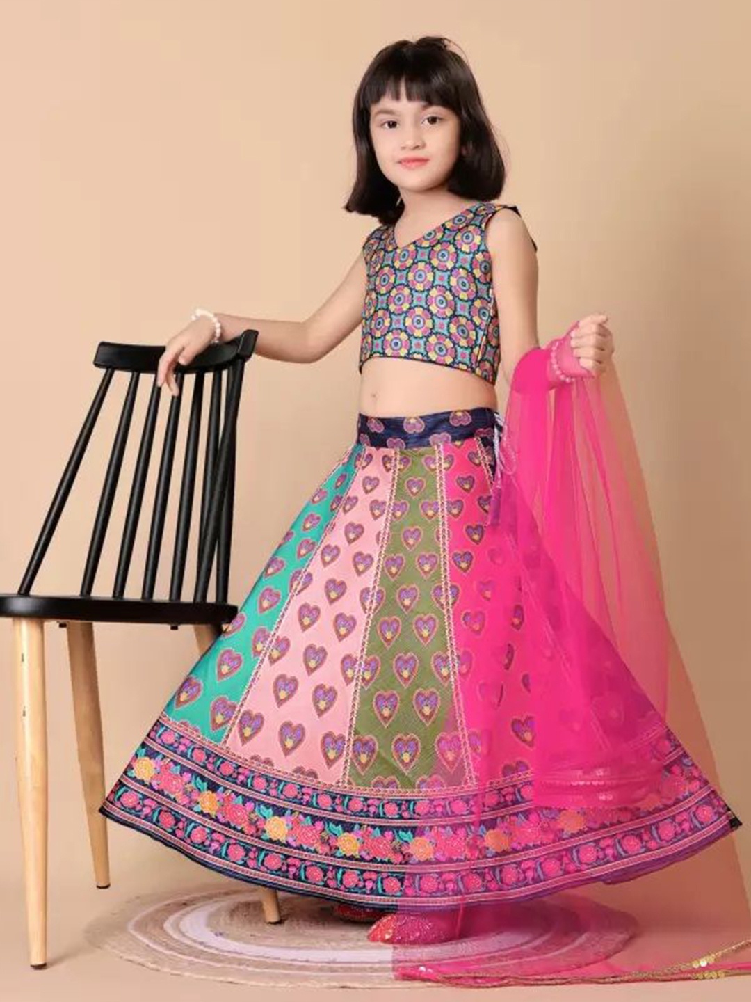 

BAESD Girls Printed Ready to Wear Lehenga & Blouse With Dupatta, Pink
