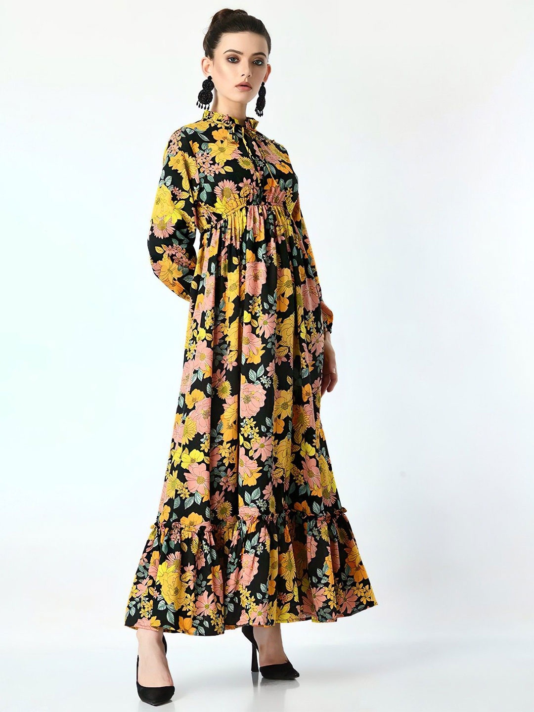 

Femvy Women Floral Printed Tie-Up Neck Maxi Dress, Yellow