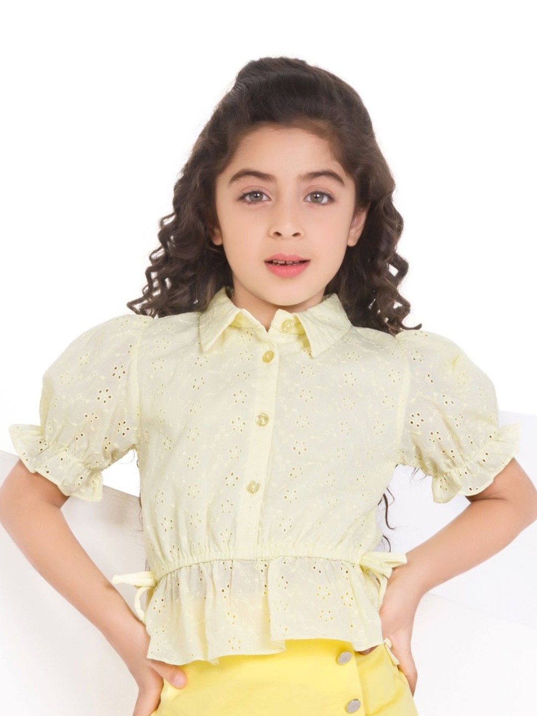 

Peppermint Girls Shirt Collar Embroidered Puff Sleeve Cotton Top, Yellow