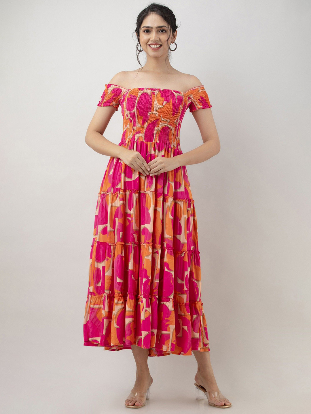 

Krunal Raiyani Women Floral Printed Off-Shoulder Fit & Flare Midi Dress, Orange