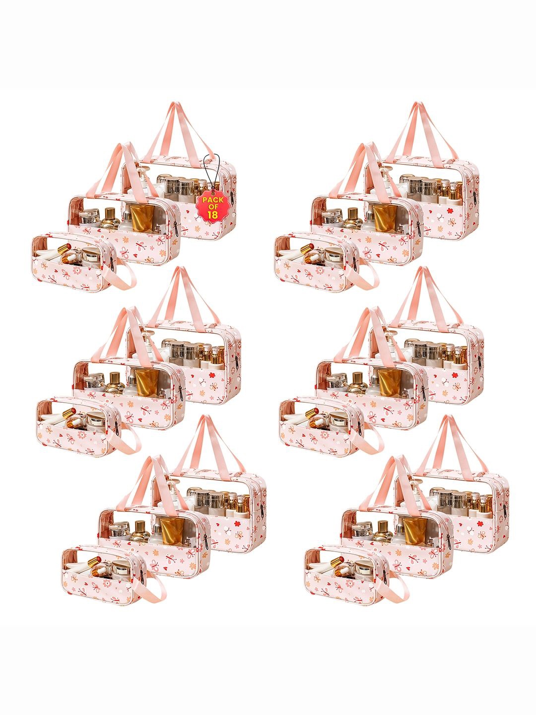 

Kuber Industries Set Of 18 Pink Flower Printed Travel Toiletry Pouch