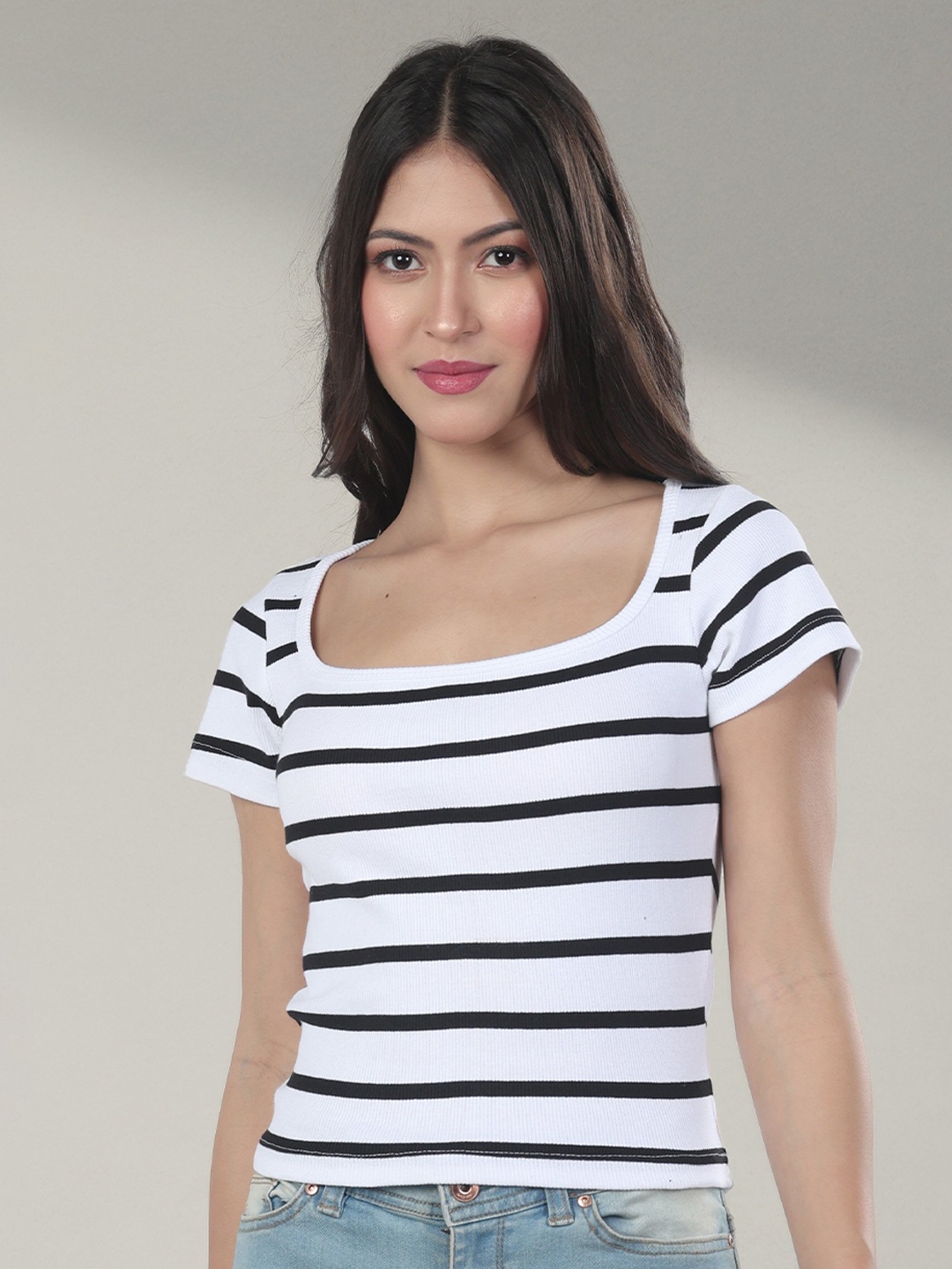 

The Roadster Lifestyle Co. Women Striped Square Neck Cotton Top, White