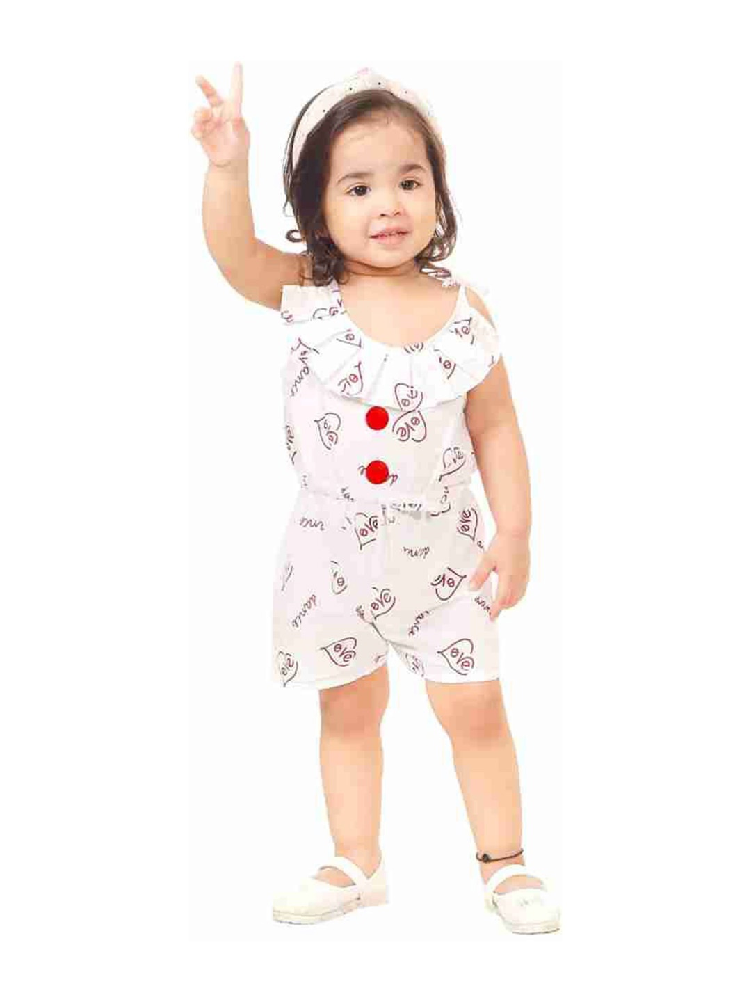 

ARJ COLLECTION Girls Printed Round Neck Playsuit, White