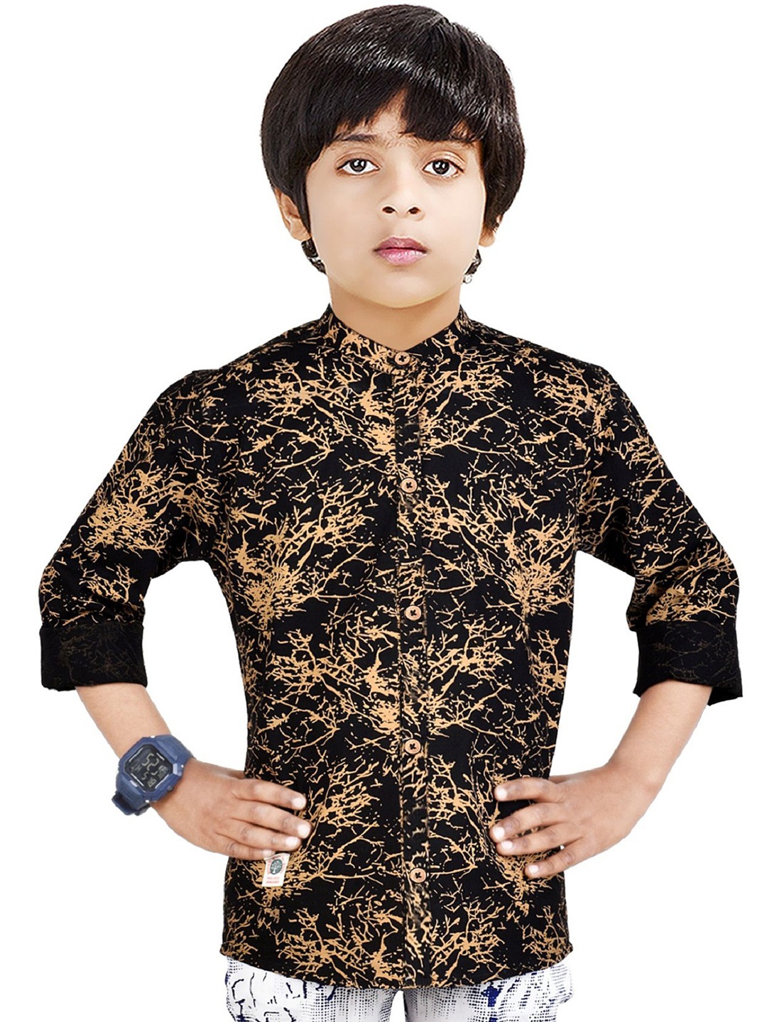 

MADE IN THE SHADE Boys Band Collar Abstract Printed Cotton Casual Shirt, Black