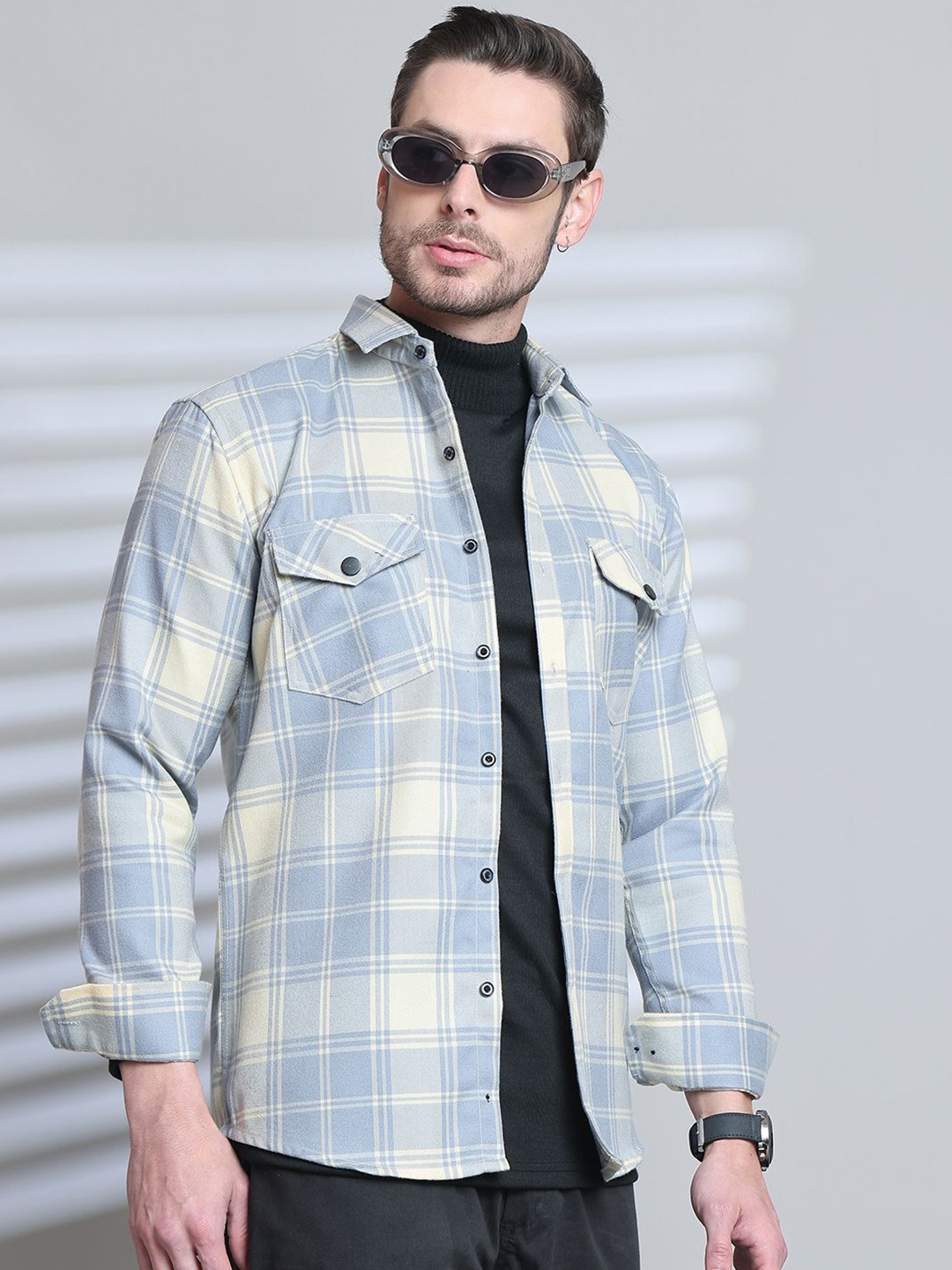 

Majestic Man Modern Fit Spread Collar Tartan Checked Cotton Casual Shirt, Blue