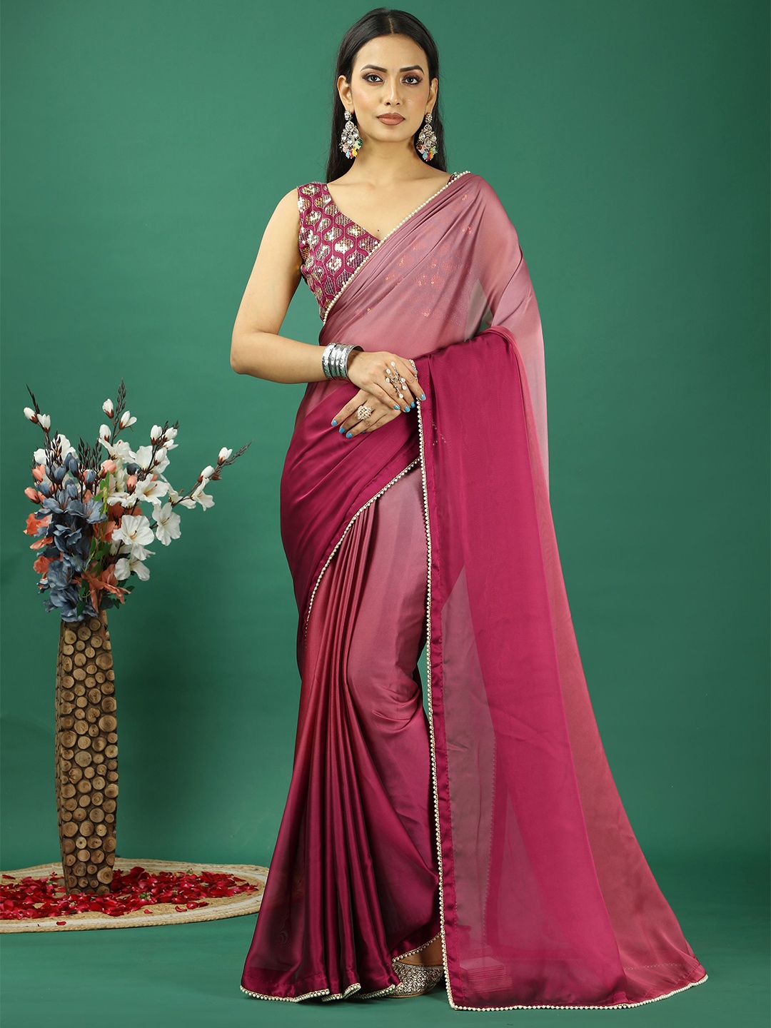 

KAYOMMI Ombre Satin Saree, Pink