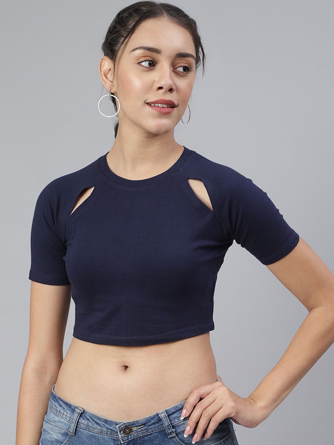 

BAESD Women Round Neck Crop Top, Navy blue