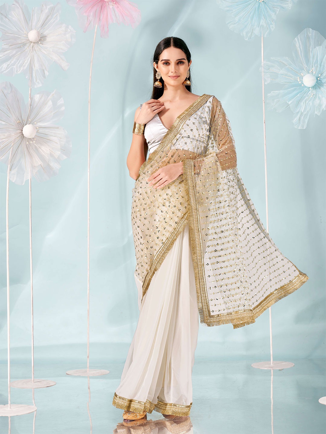 

Tikhi Imli Embellished Sequinned Half and Half Saree, Cream