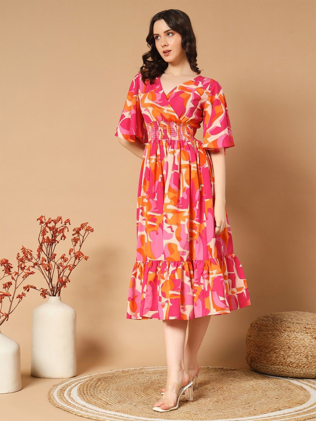 

Raiyani Enterprise Women Abstract Printed Fit & Flare Midi Dress, Orange