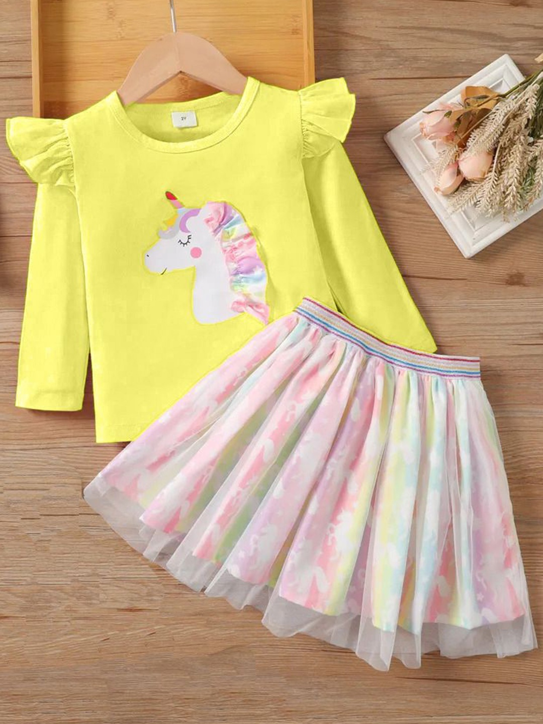 

Hikuj Girls Printed Long Sleeves T-Shirt With Skirt, Yellow
