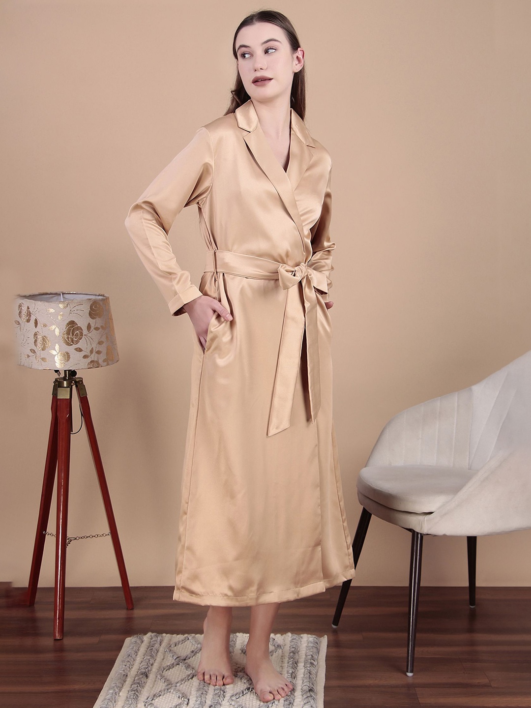 

Bella Babe by SK Women Long Satin Robe, Beige