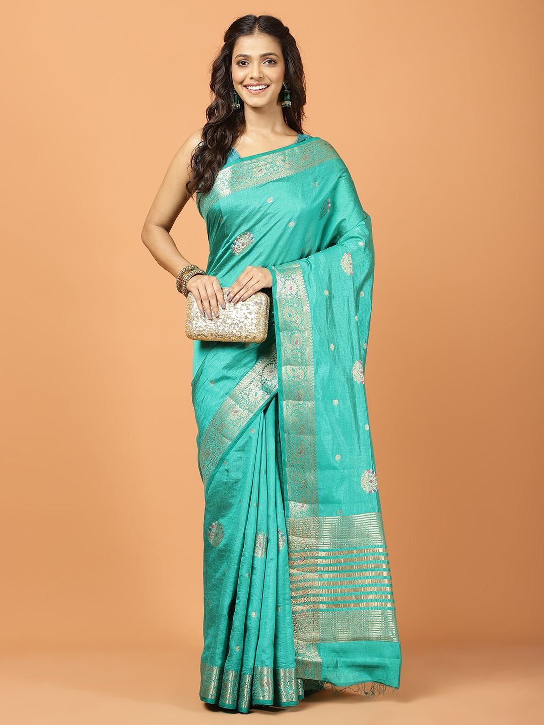 

Meena Bazaar Ethnic Motifs Woven Design Zari Saree, Green