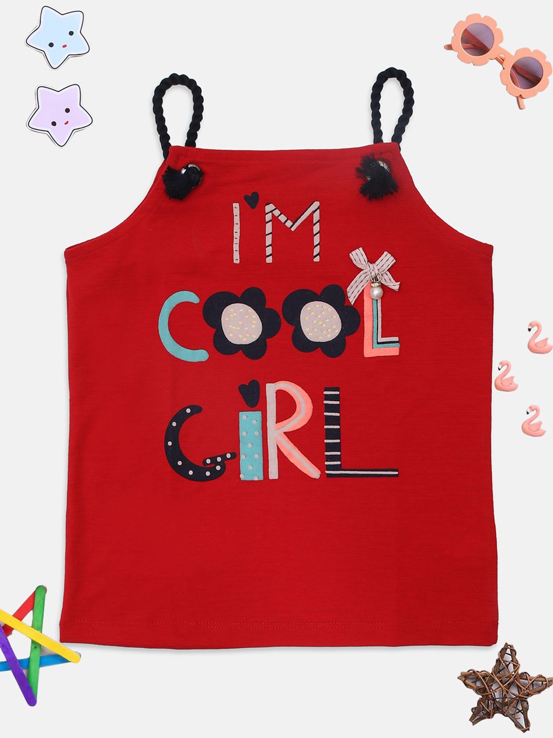 

PAMPOLINA Girls Printed Shoulder Straps Top, Red
