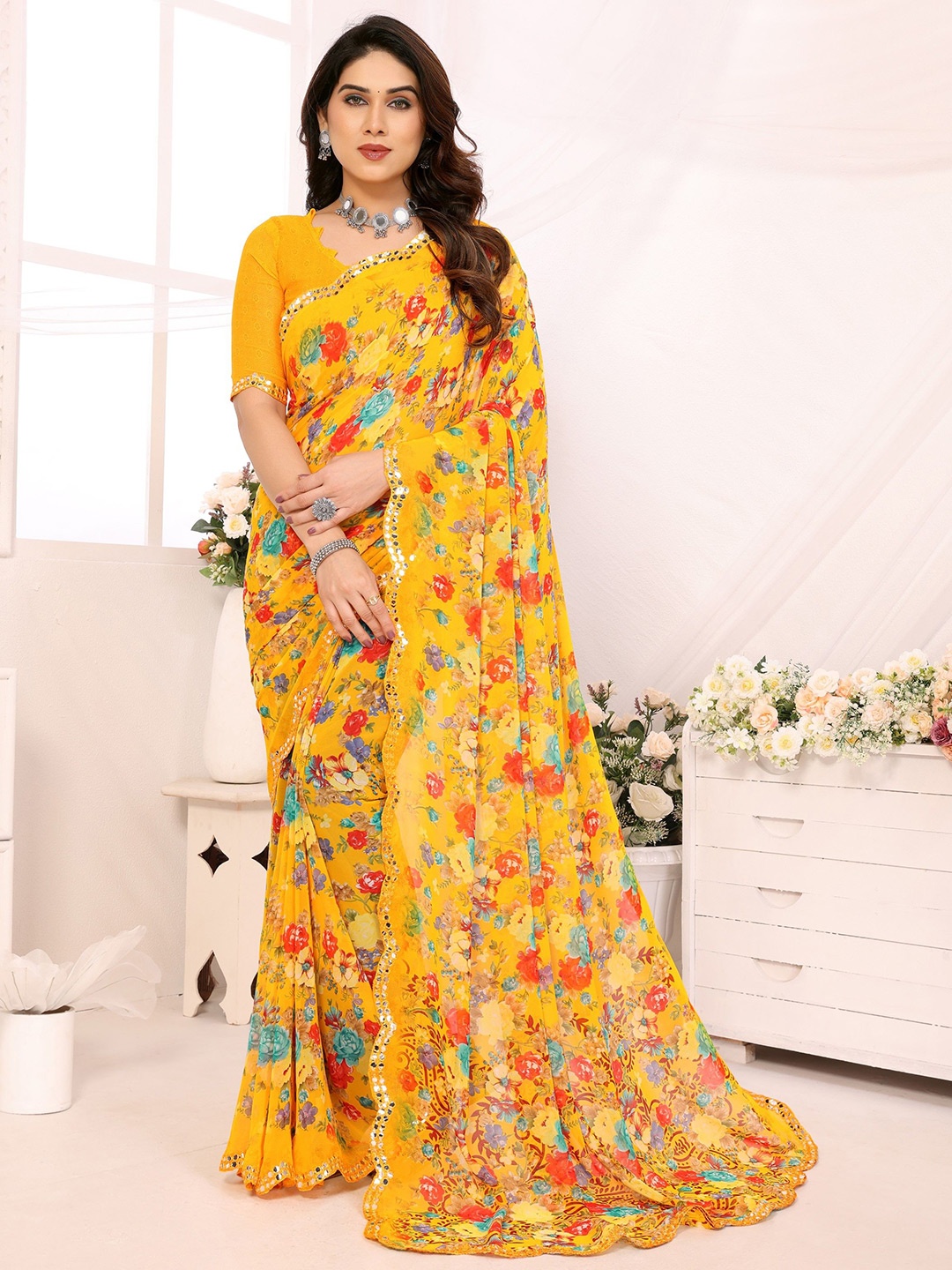 

The Textile Hub Floral Printed Mirror Work Pure Georgette Saree, Yellow