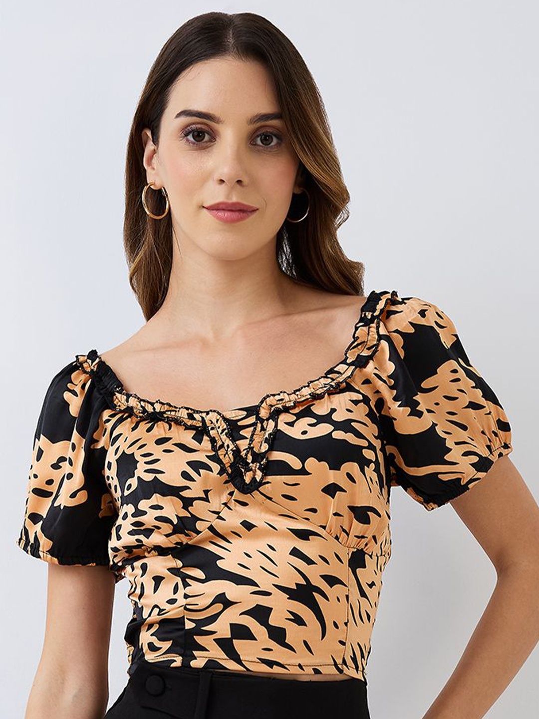 

HERE&NOW Animal Printed Fitted Crop Top, Black