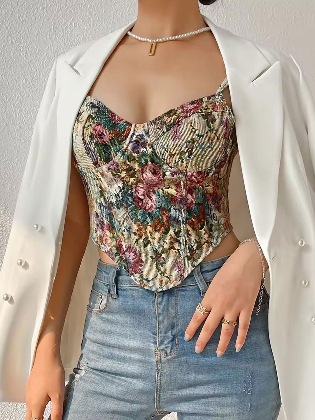 

Errabelly Women Floral Printed Shoulder Straps Corset Crop Top, Beige