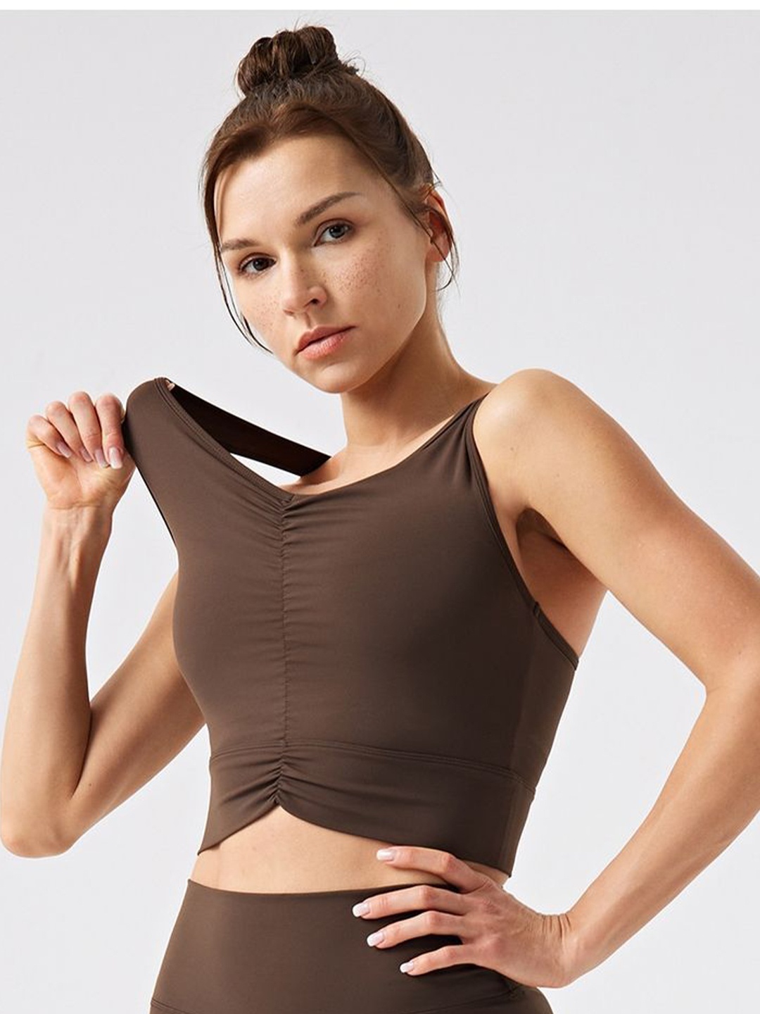 

LULU & SKY Women Ruched Short Activewear Fitted Top, Brown