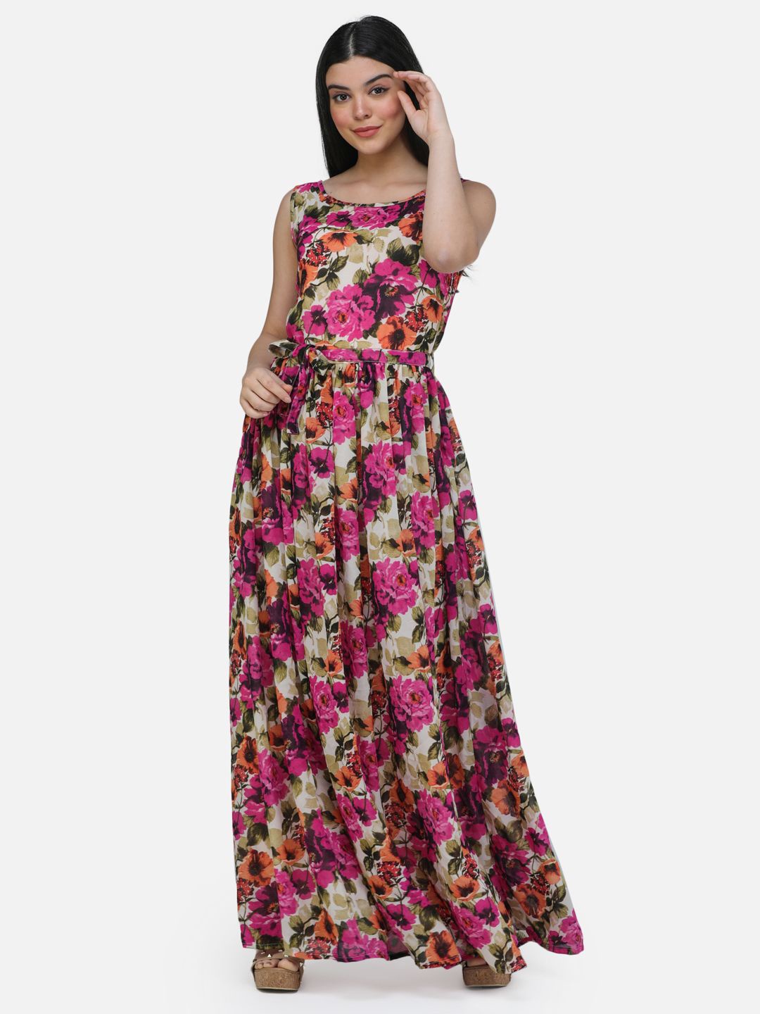 

BAESD Floral Print Georgette Maxi Dress, Beige