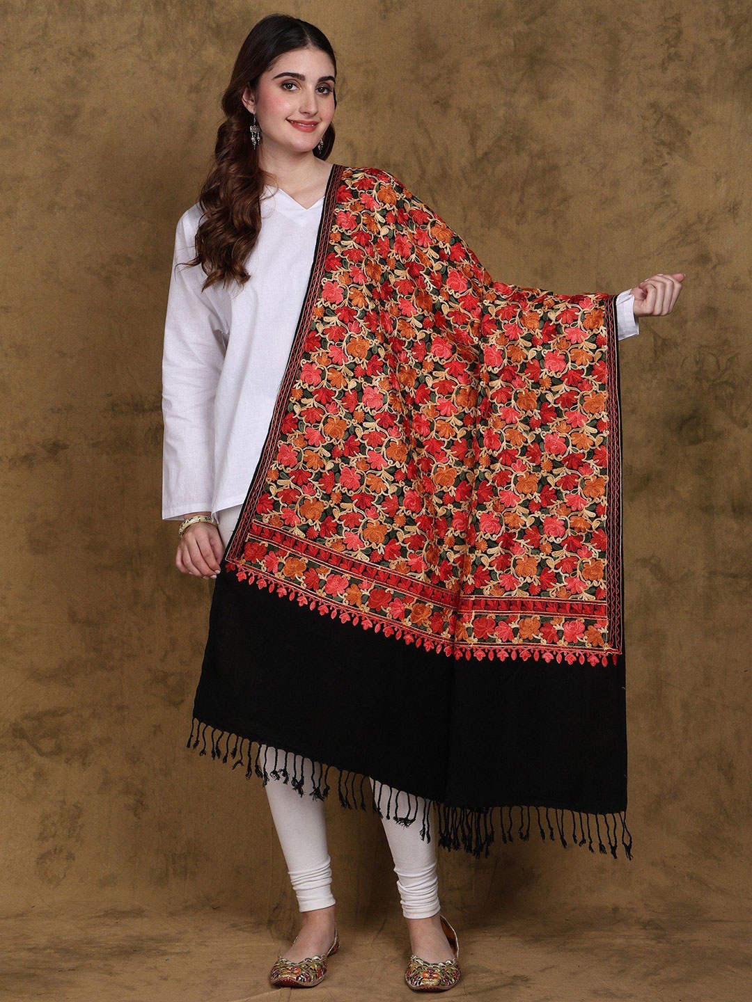 

Exotic India Pirate Black Floral Aari Embroidered Wool Kashmiri Shawl