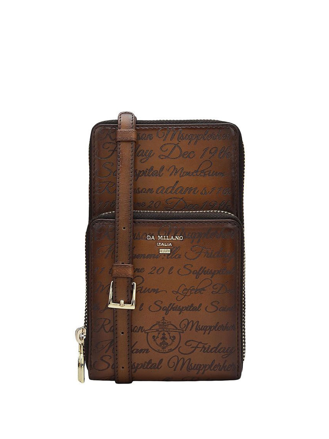 

Da Milano Unisex Typography Printed Crossbody Leather Sling Bag, Brown