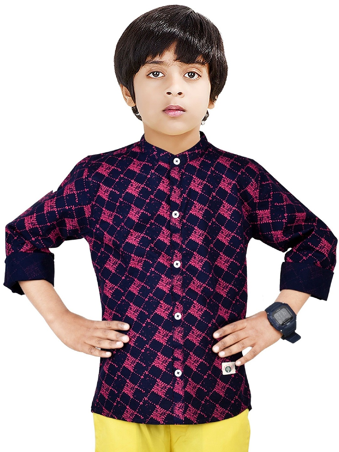 

MADE IN THE SHADE Boys Band Collar Geometric Printed Cotton Casual Shirt, Navy blue