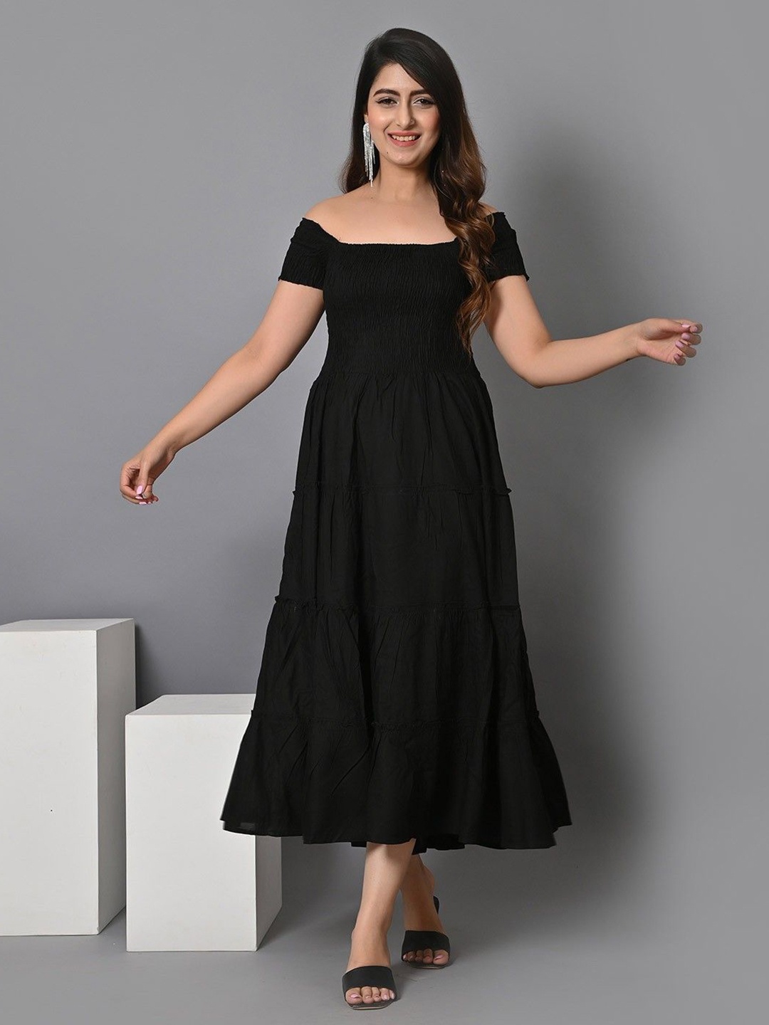 

Raiyani Enterprise Women Off-Shoulder Fit & Flare Midi Dress, Black