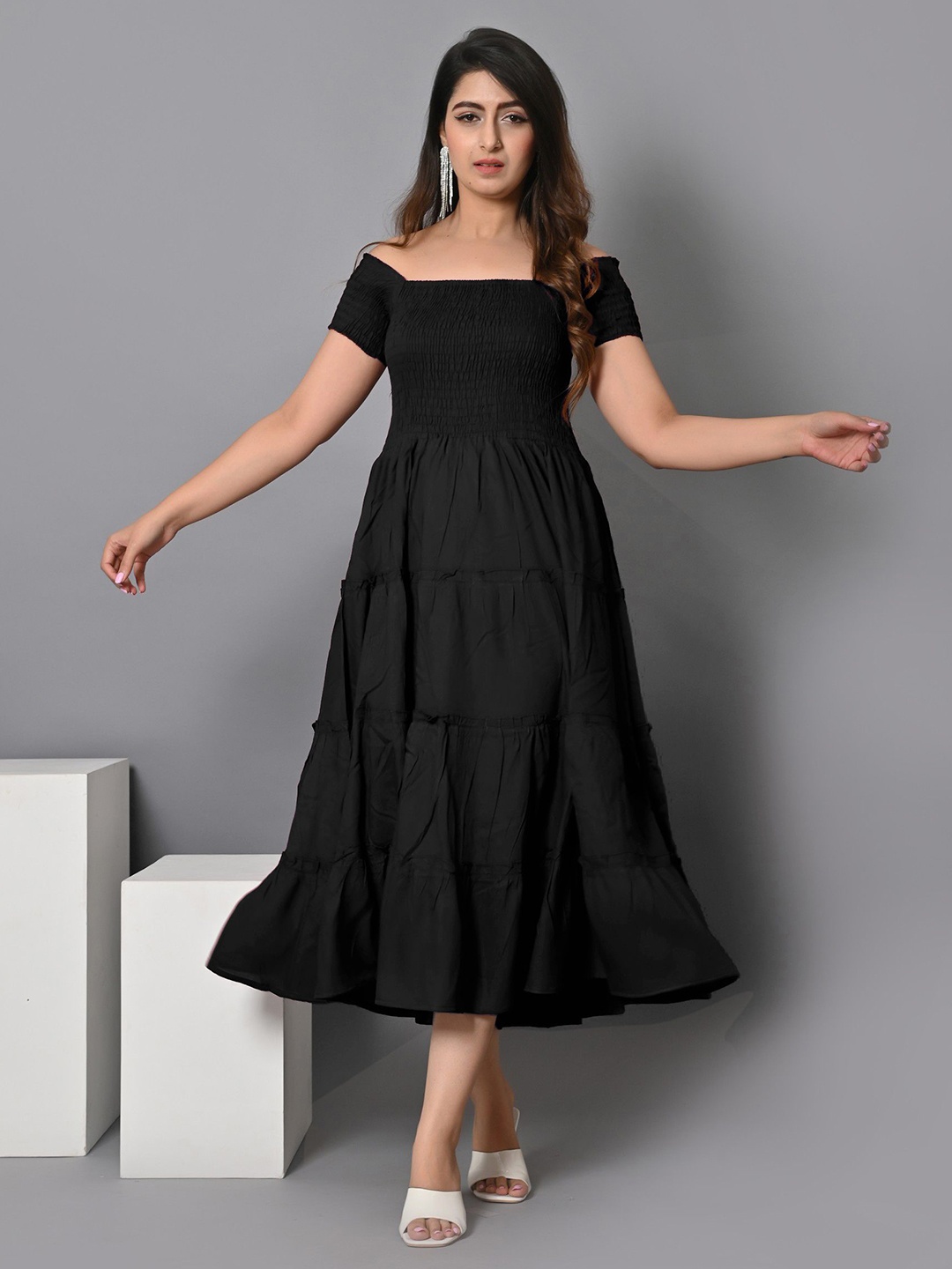 

Femvy Women Off-Shoulder Applique Crepe Fit & Flare Maxi Dress, Black