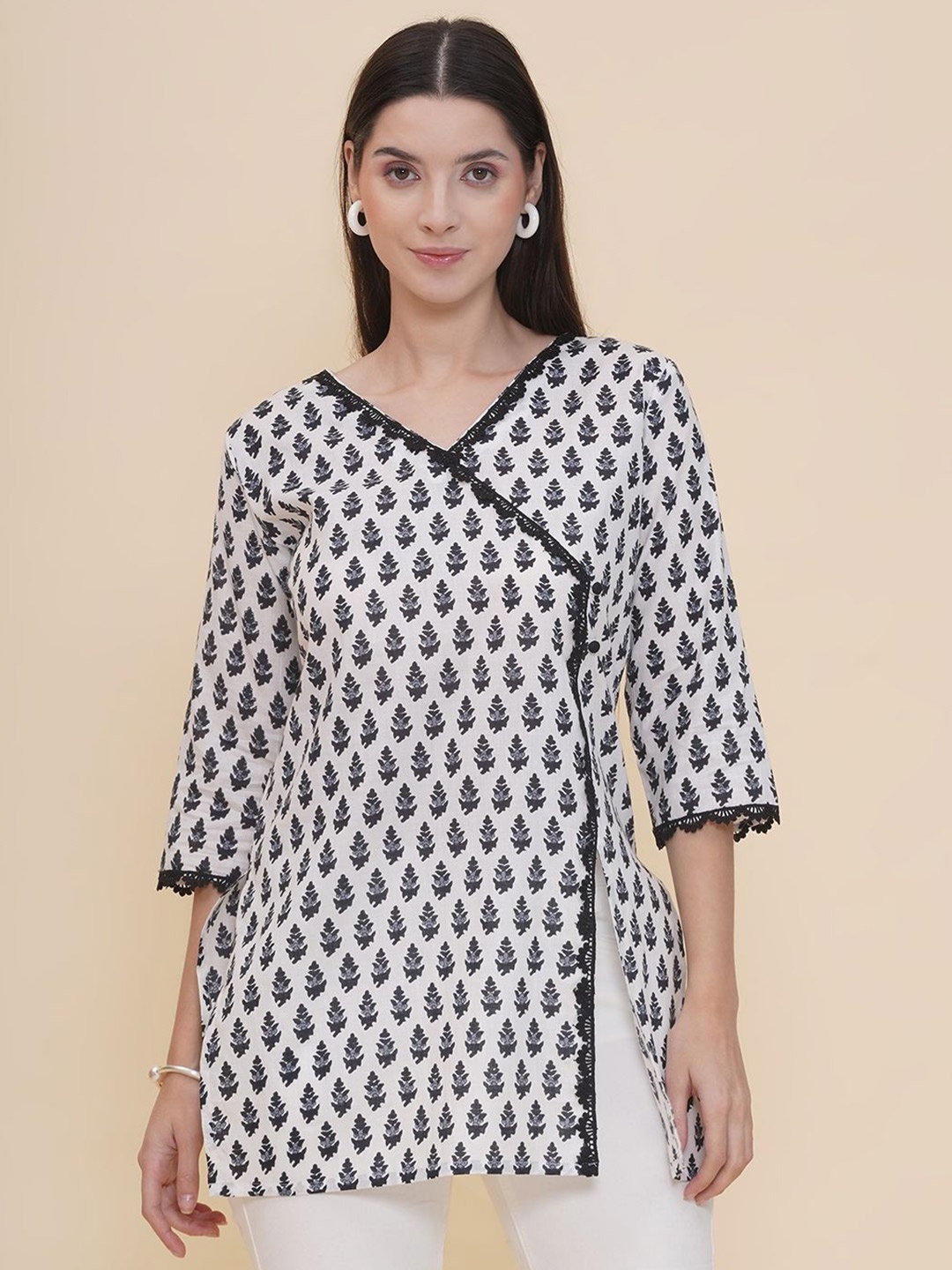 

Modish Couture Women V-Neck Printed Pure Cotton Tunic, White