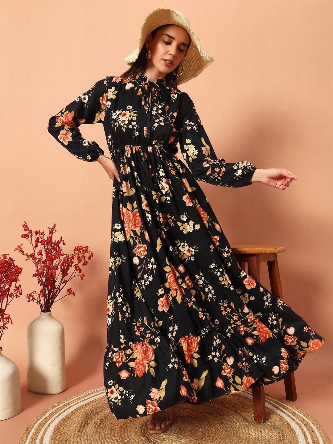 

Femvy Women Floral Print Tie-Up Neck Applique Crepe Fit & Flare Maxi Dress, Gold