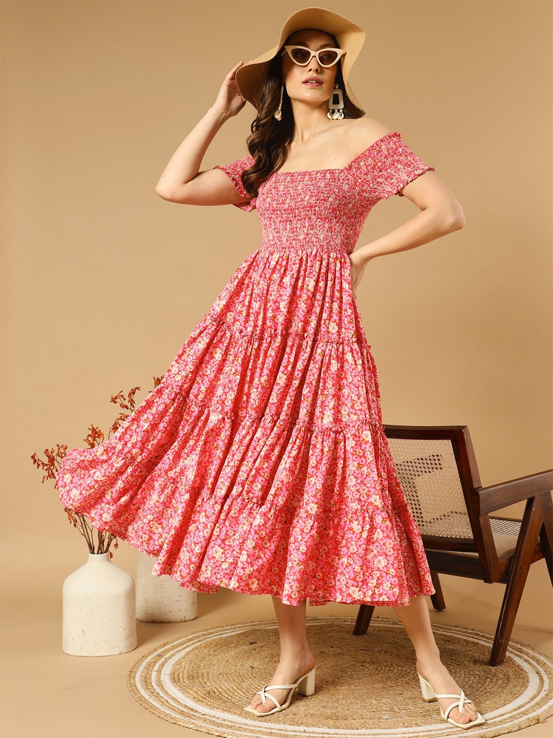 

Krunal Raiyani Floral Printed Square Neck Crepe Smocked Tiered Fit & Flare Midi Dress, Peach