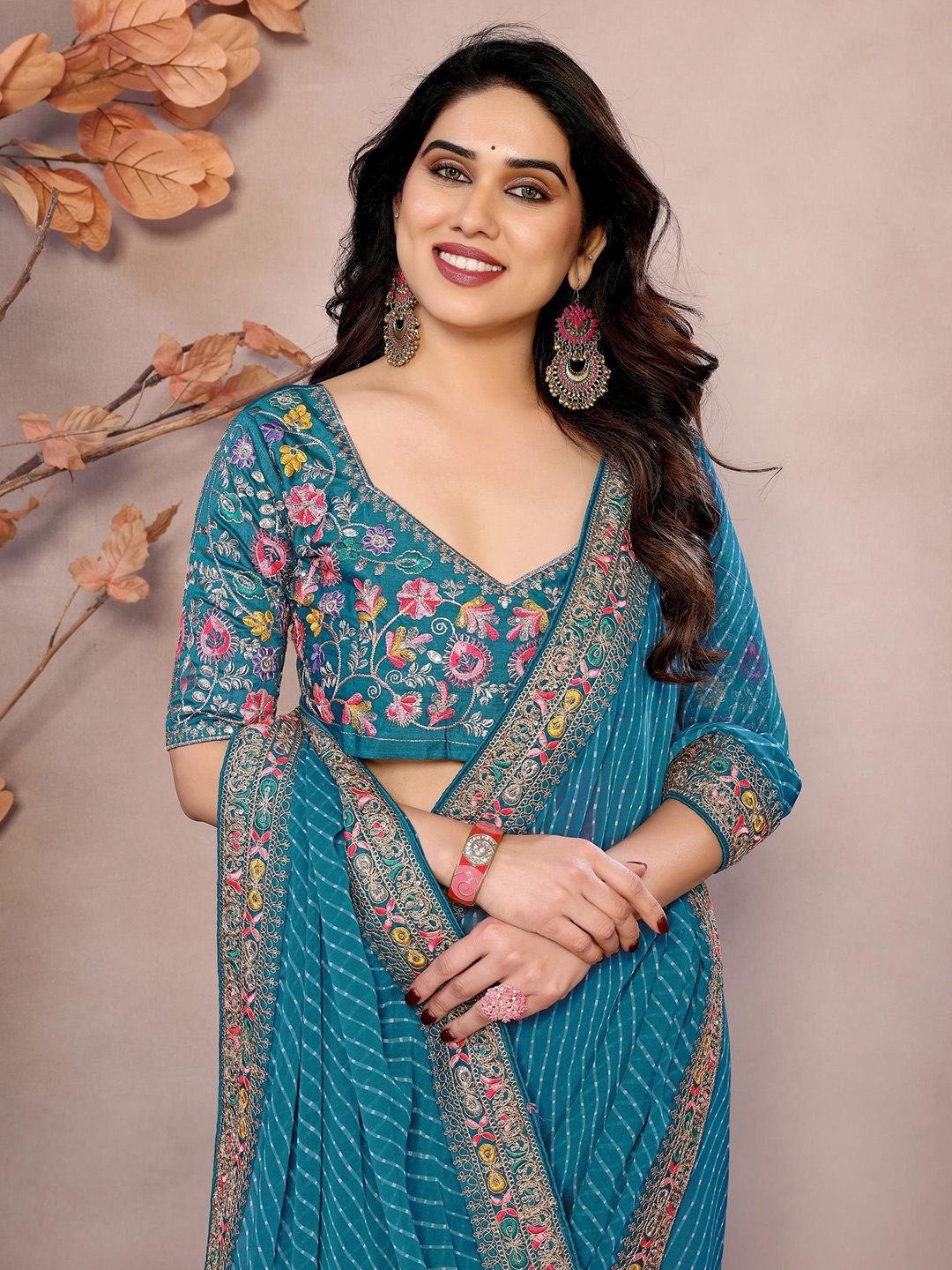 

HERE&NOW Leheriya Embroidered Designer Leheriya Saree, Turquoise blue