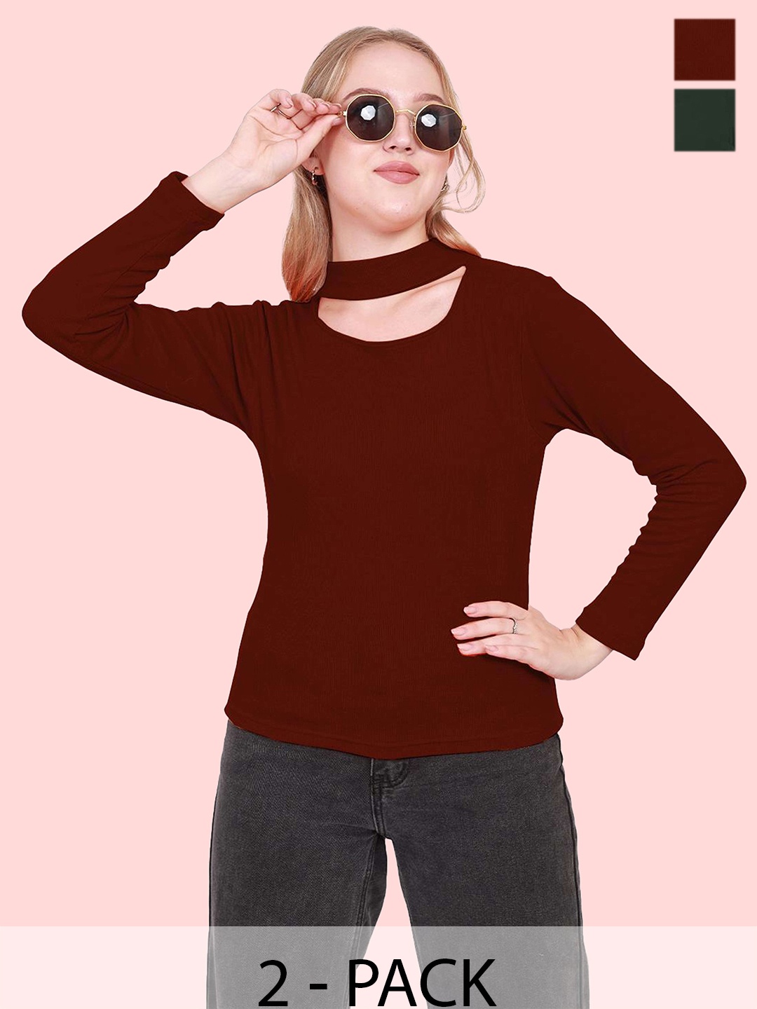 

BAESD Women Pack of 2 Round Neck Top, Burgundy