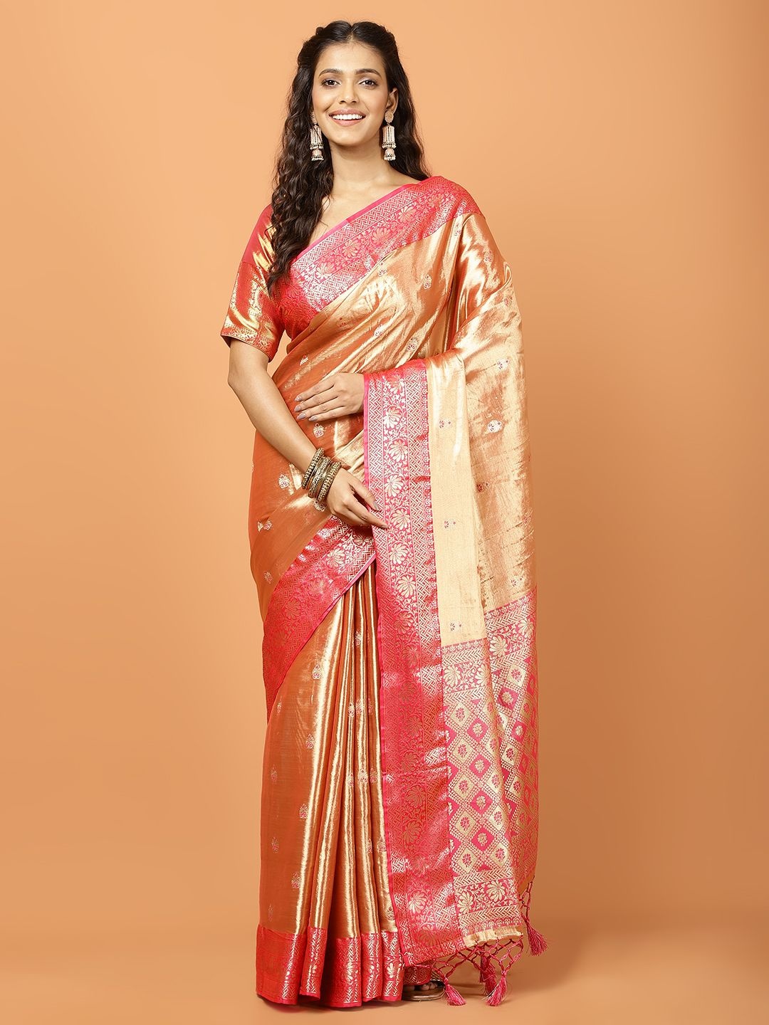 

Meena Bazaar Woven Design Zari Tissue Banarasi Saree, Peach