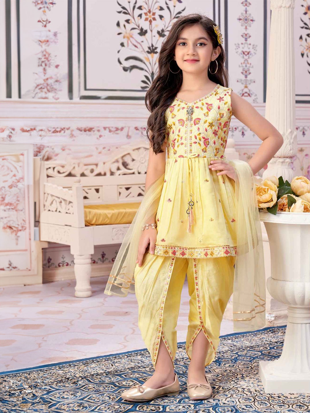 

Lagorii Floral Embroidered Sleeveless With Sequins Pure Silk Dhoti Set, Yellow