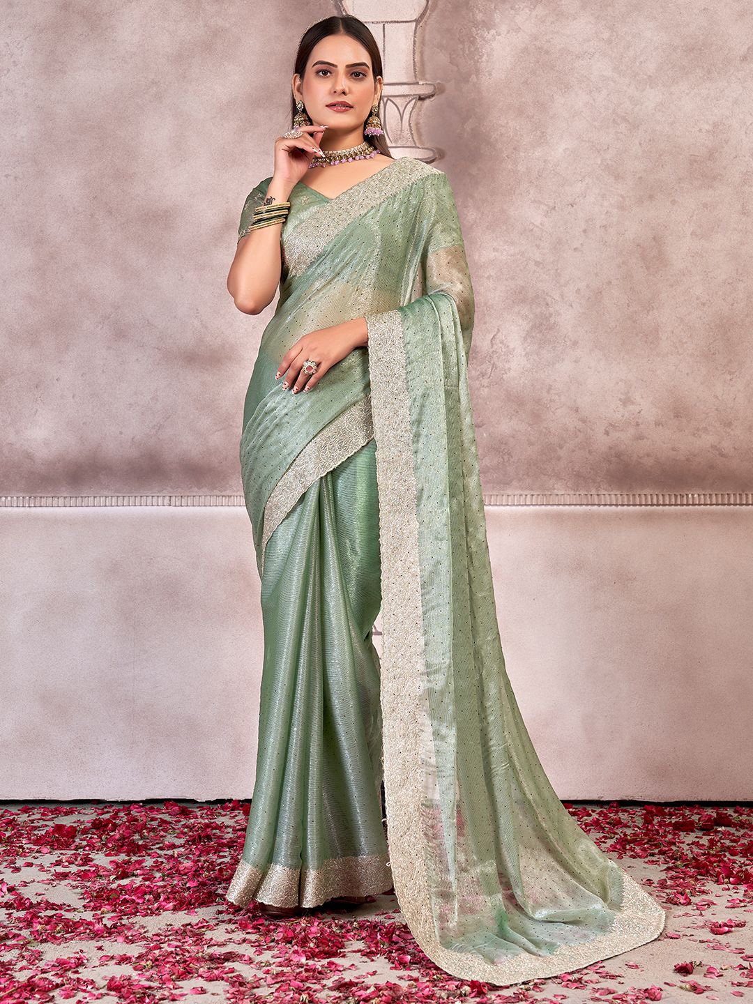 

Mitera Embellished Beads and Stones Saree, Green