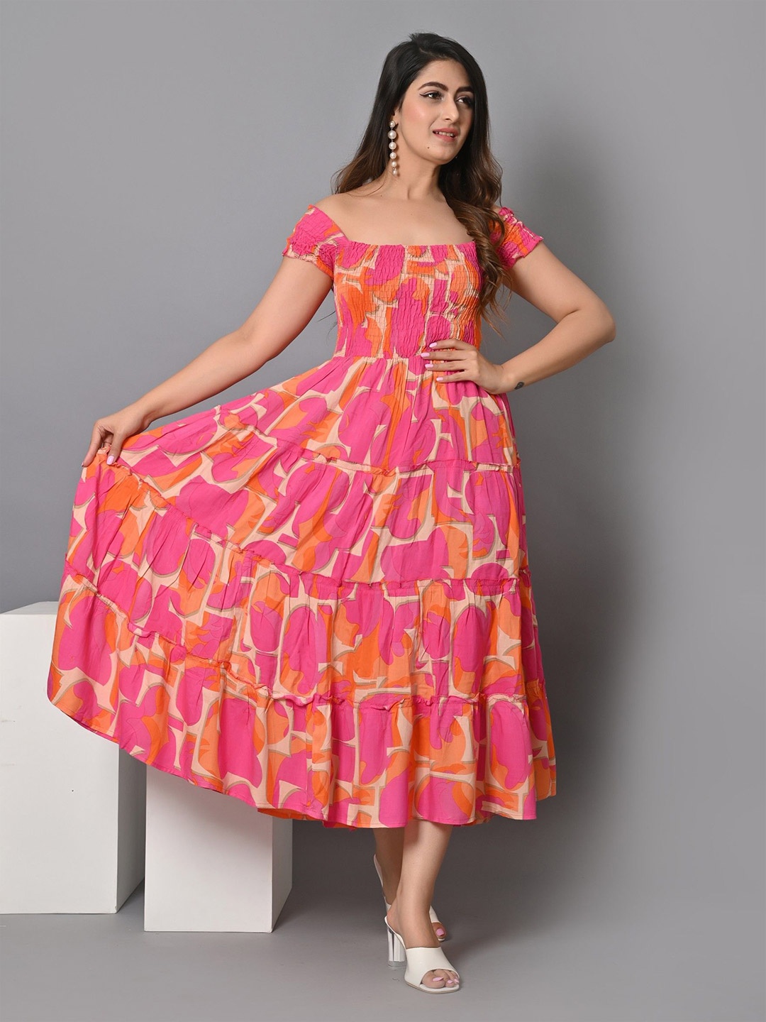 

Femvy Women Floral Print Fit & Flare Dress, Orange