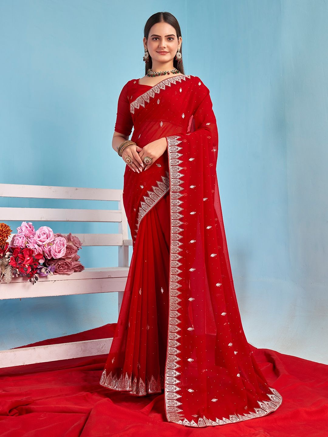 

Mitera Embellished Embroidered Saree With Unstitched Blouse Piece, Red