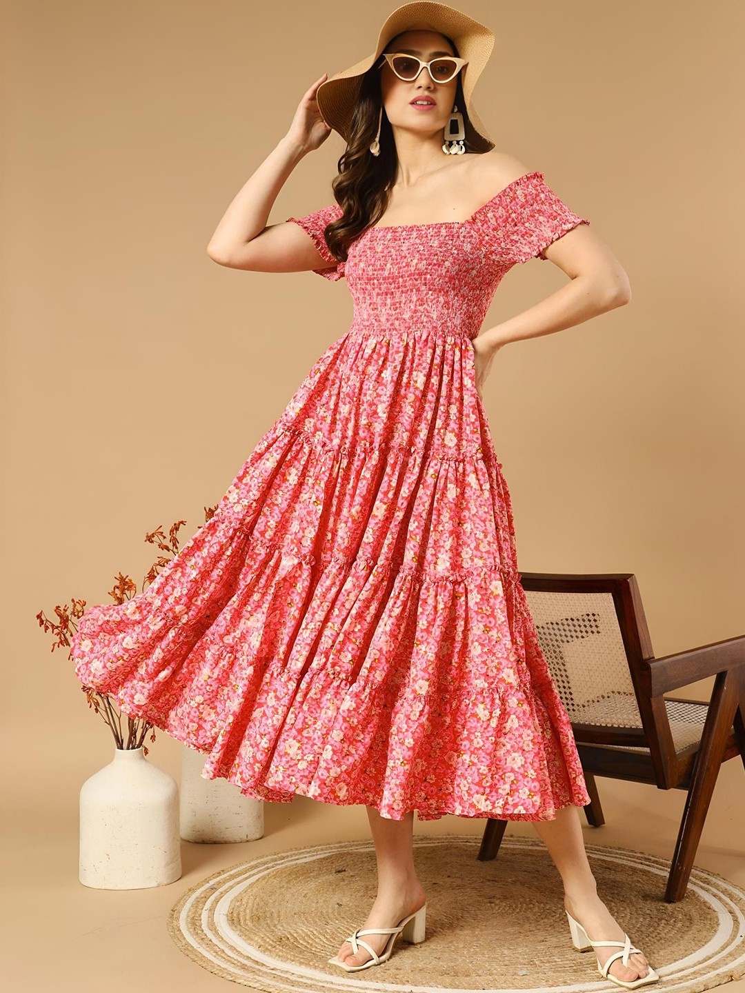 

Femvy Floral Printed Square Neck Smocked Tiered Fit and Flare Midi Dress, Peach