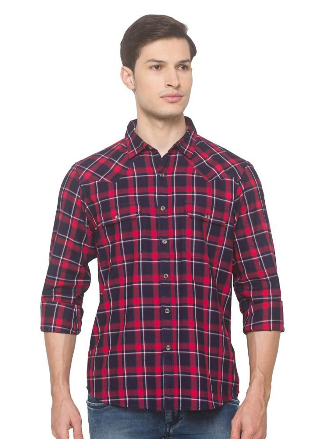 

SNX Men Spread Collar Tartan Checked Cotton Casual Shirt, Black