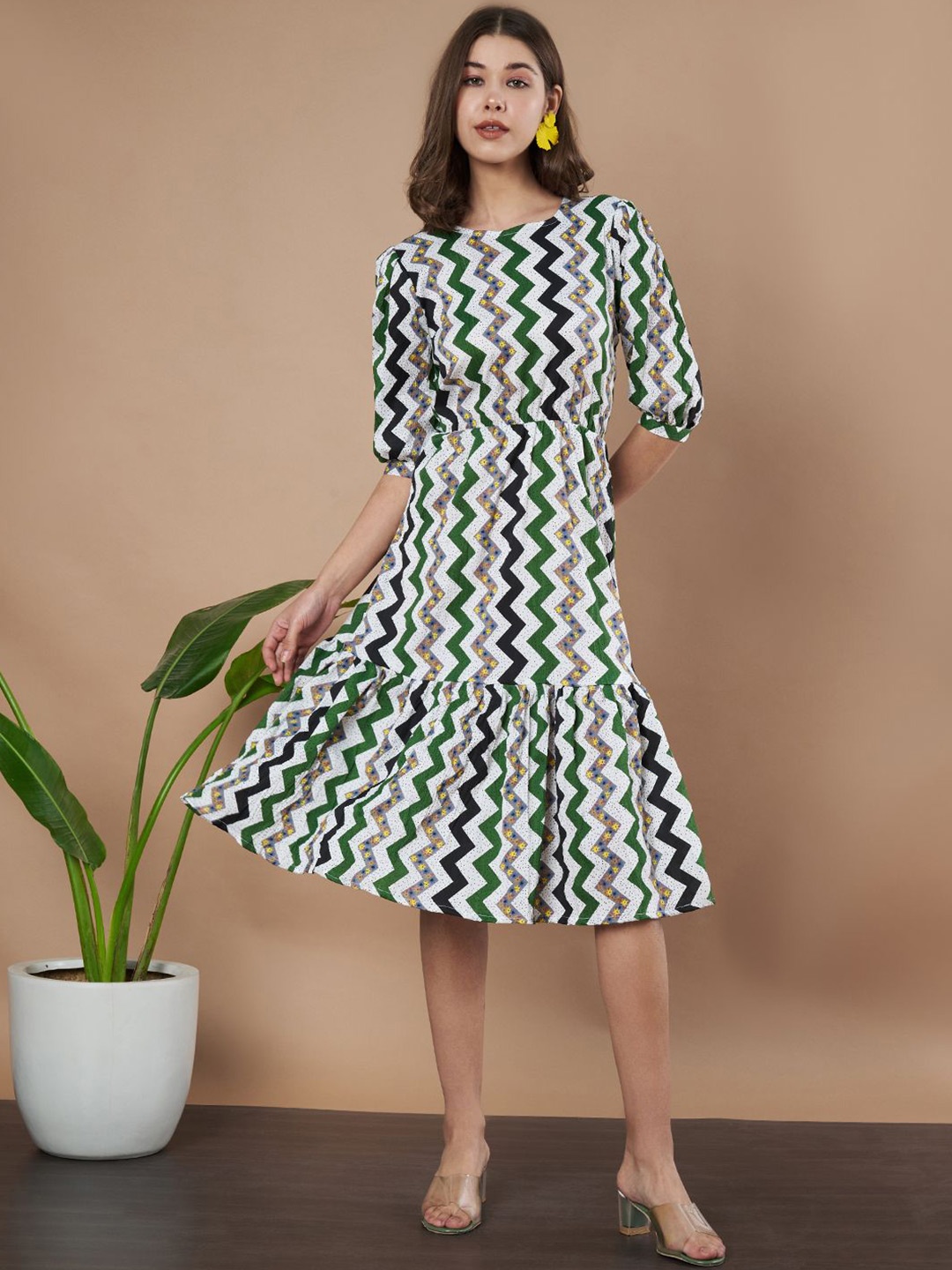 

Womenster Women Printed Puff Sleeve A-Line Midi Dress, White