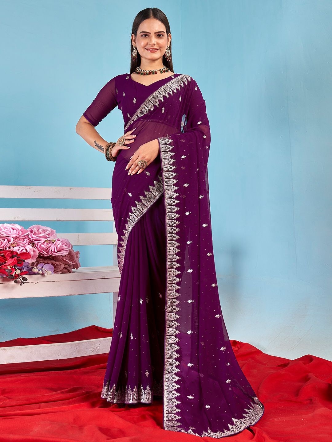 

Mitera Women Embellished Embroidered Saree, Purple
