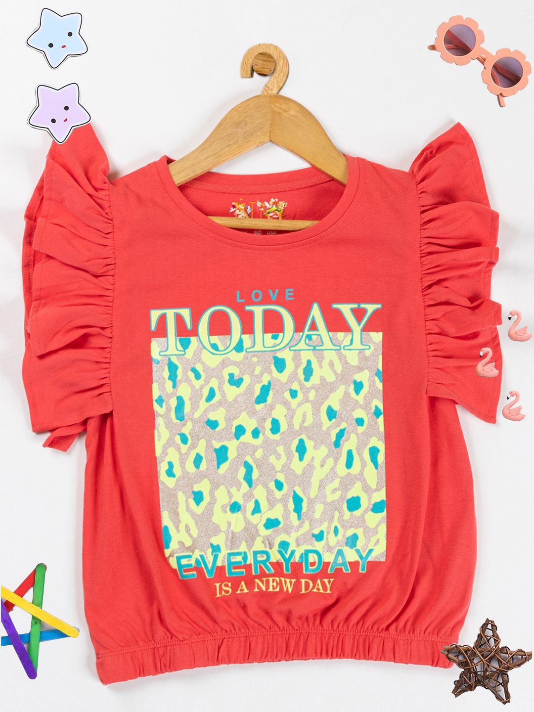 

PAMPOLINA Girls Printed Flared Sleeve Top, Coral