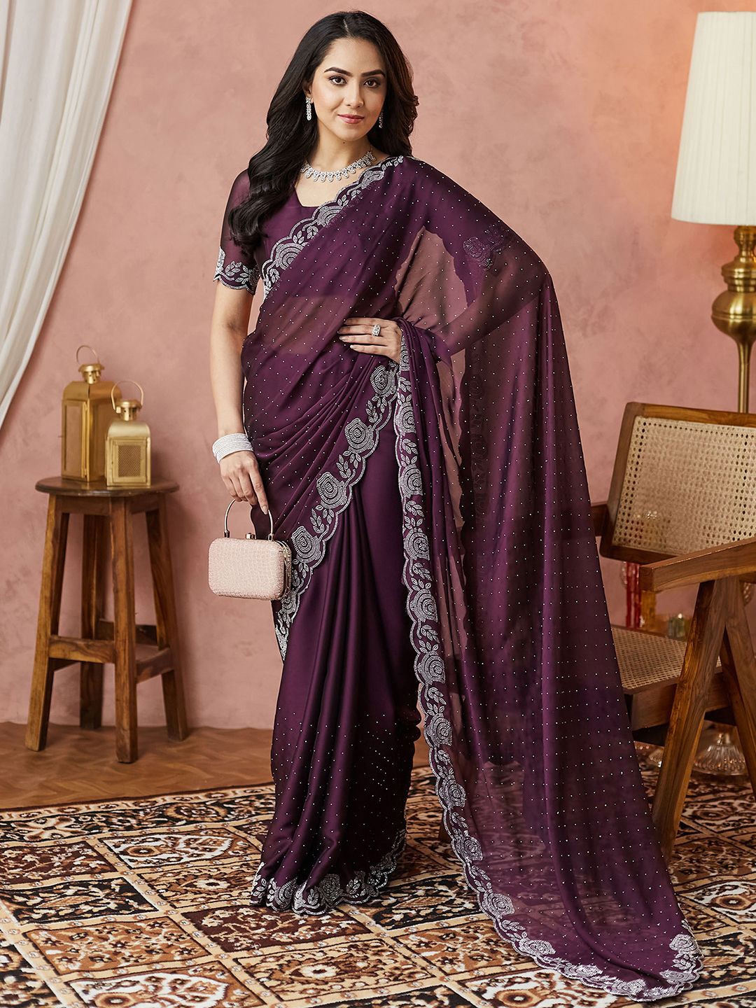 

Satrani Embellished Beads and Stones Pure Georgette Saree, Purple