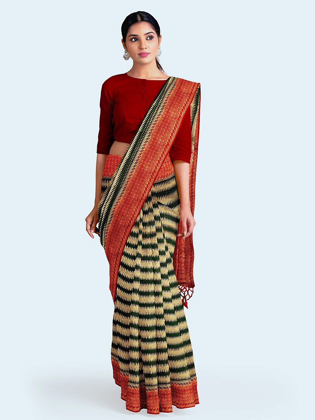 

Meena Bazaar Striped Woven Design Saree, Green