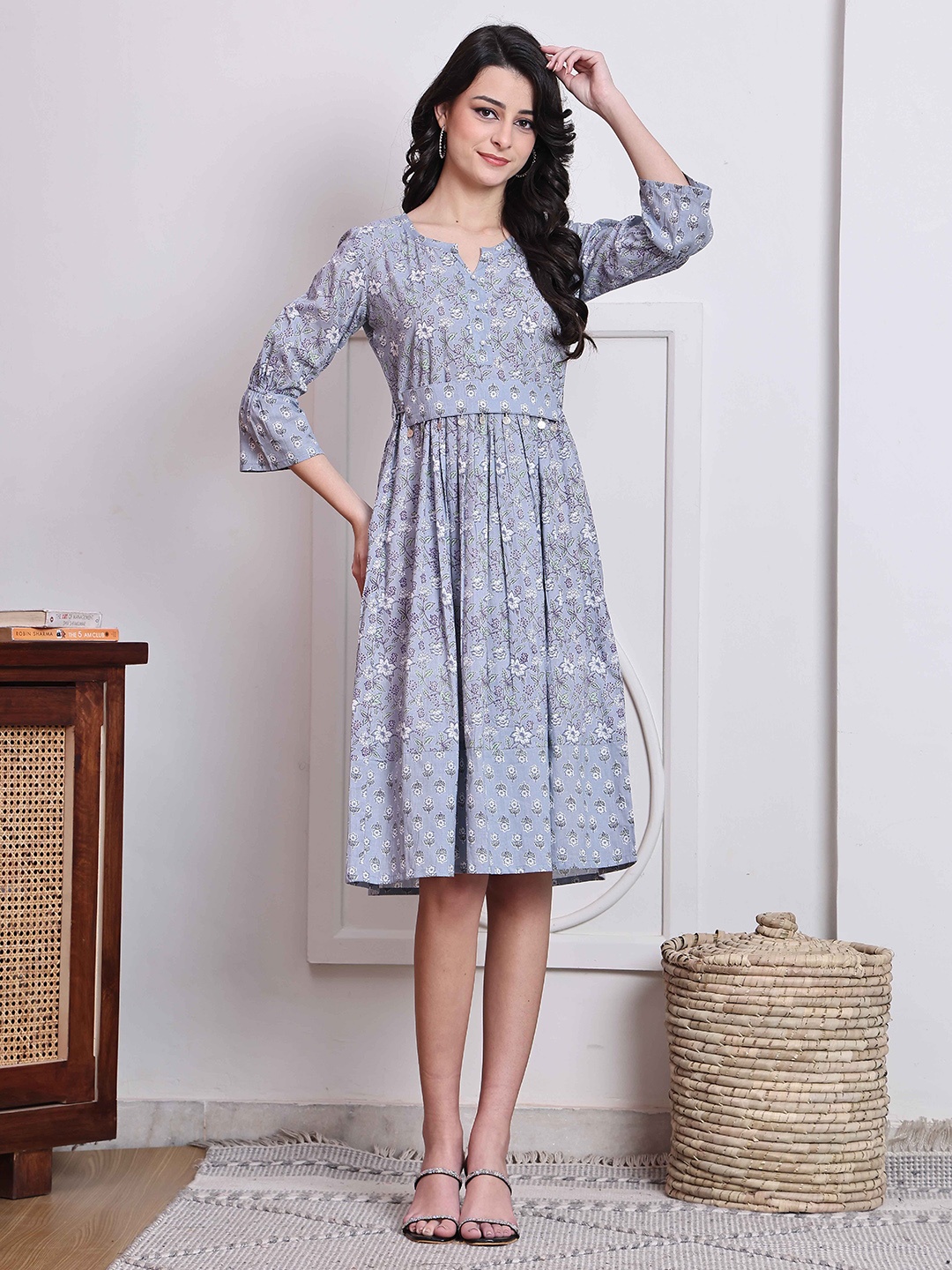 

Roly Poly Women Floral Printed Cotton A-Line Midi Dress, Grey