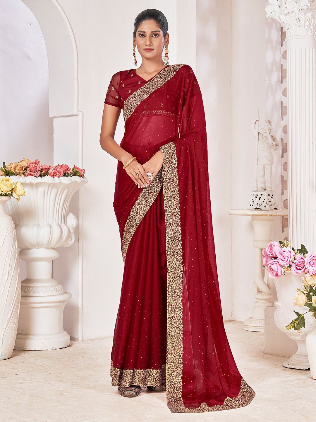 

Panzora Floral Embellished Beads and Stones Designer Saree, Maroon